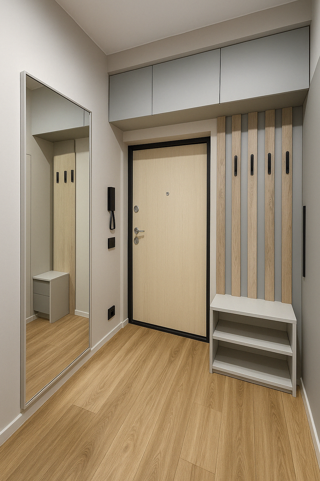 Прихожая с навесными шкафами до потолка, рейками-вешалкой и зеркалом